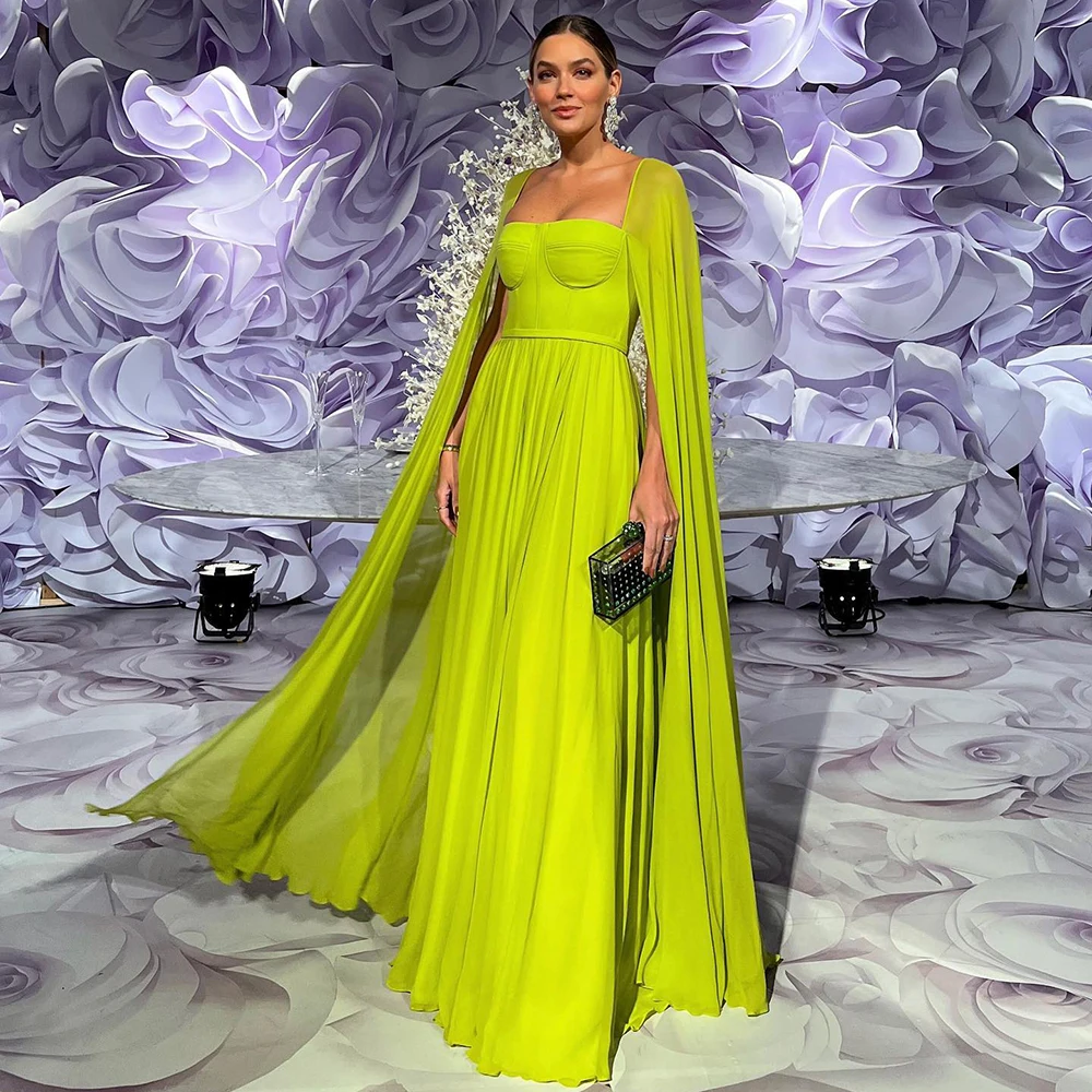 

Saudi Arabic Lemon Yellow Dubai Evening Dress Cape Sleeves Elegant Women Long Chiffon Prom Pageant Gowns 2023 Robe De Soirée