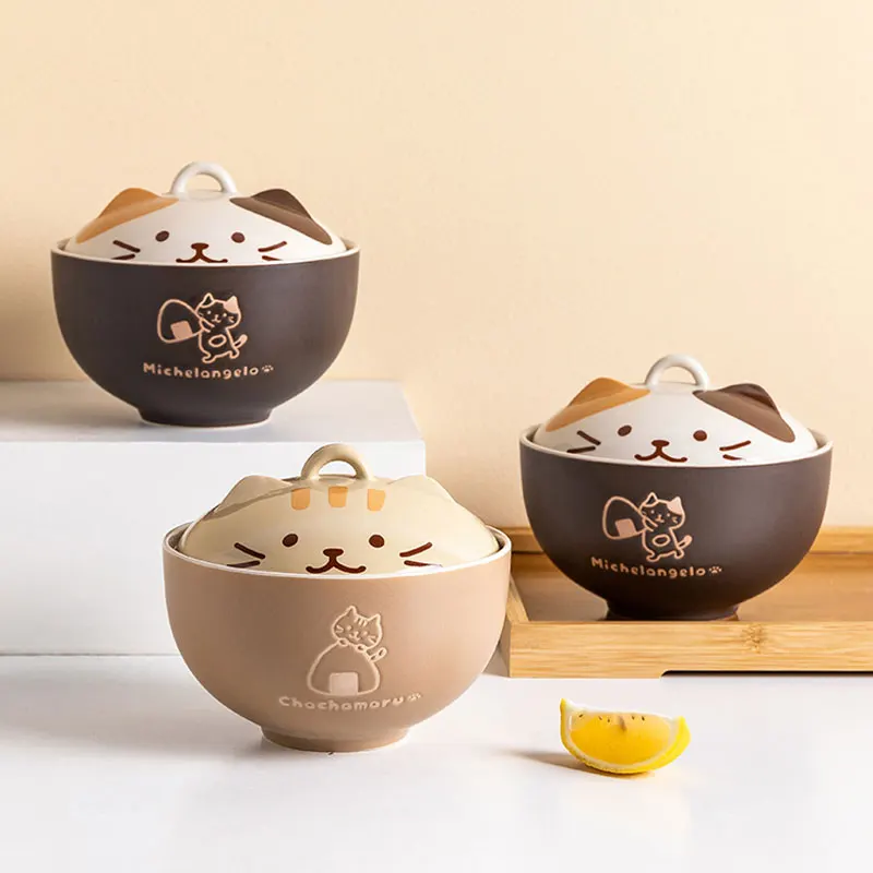 

Japanese Ceramic Cat Noodle Bowls Cute Ramen Bowl With Lid Kitchen Tableware Cartoon Animal Bowl For Serving Dinner Couple Bowls