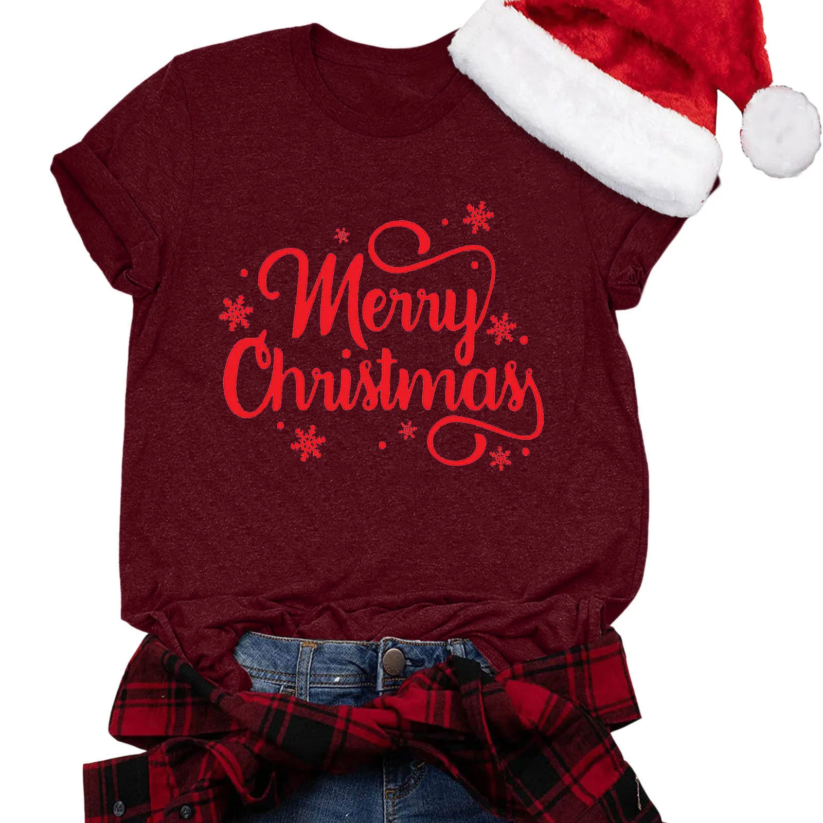 

Женские повседневные рубашки с рождественским принтом, футболки с круглым вырезом и коротким рукавом, топы, туника, блузка, туника для пожил...