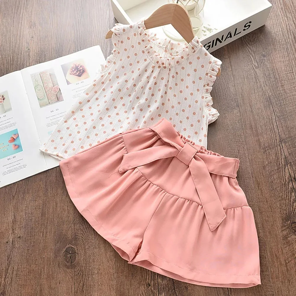 New Arrival Summer Girls Clothing sets 2021 Children's leaf Dots Design Girl Sleeveless shirt +Short Pant Fashion Style