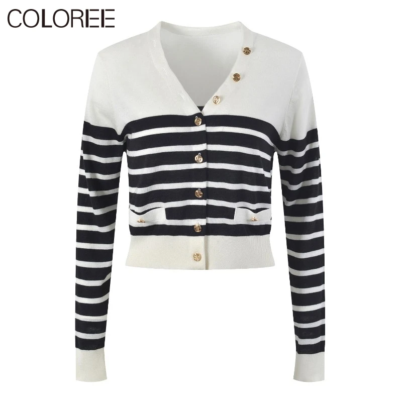 

Женский трикотажный кардиган в полоску, дизайнерский подиумный свитер с золотыми пуговицами и V-образным вырезом в Корейском стиле