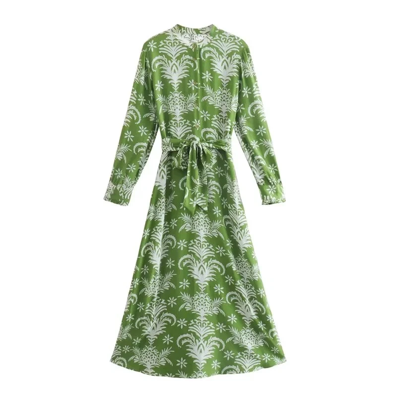 

XITIMEAO Women Fashion With Belt Printed Midi Dress Vintage Flowing Neck Long Sleeve Female Dresses Vestidos Mujer