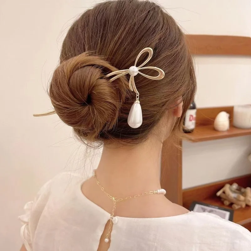 

Элегантные жемчужные подвесные палочки для волос в винтажном китайском стиле Hanfu металлические палочки для еды заколки для волос для женщи...