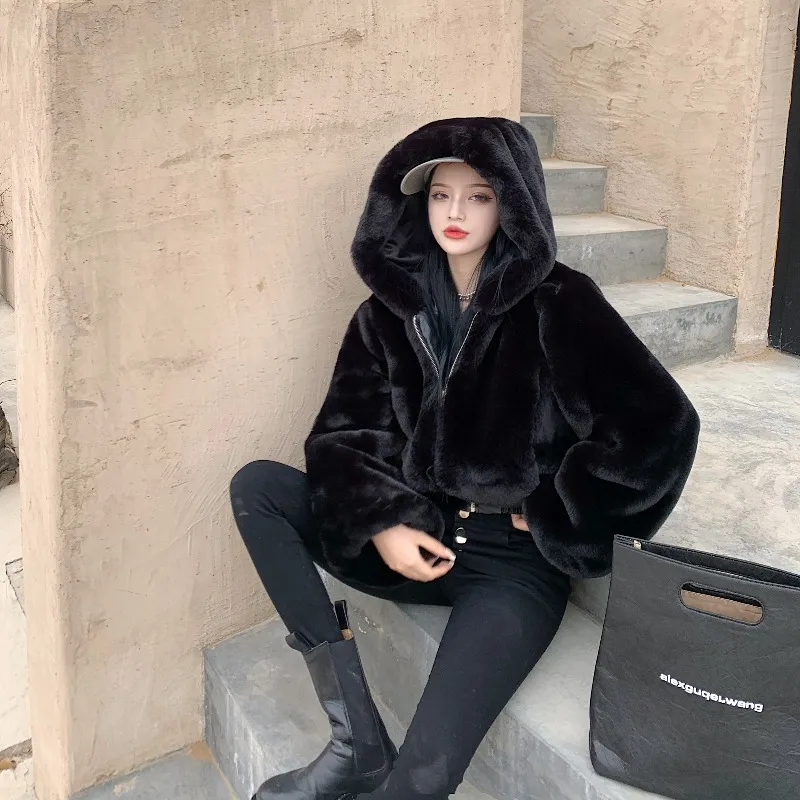Autumn Winter Jacket Women 2022 New Short Faux Fur Coat Hooded Furry Cute Thick Warm Casual Korean Fashion Tops Famale Clothing