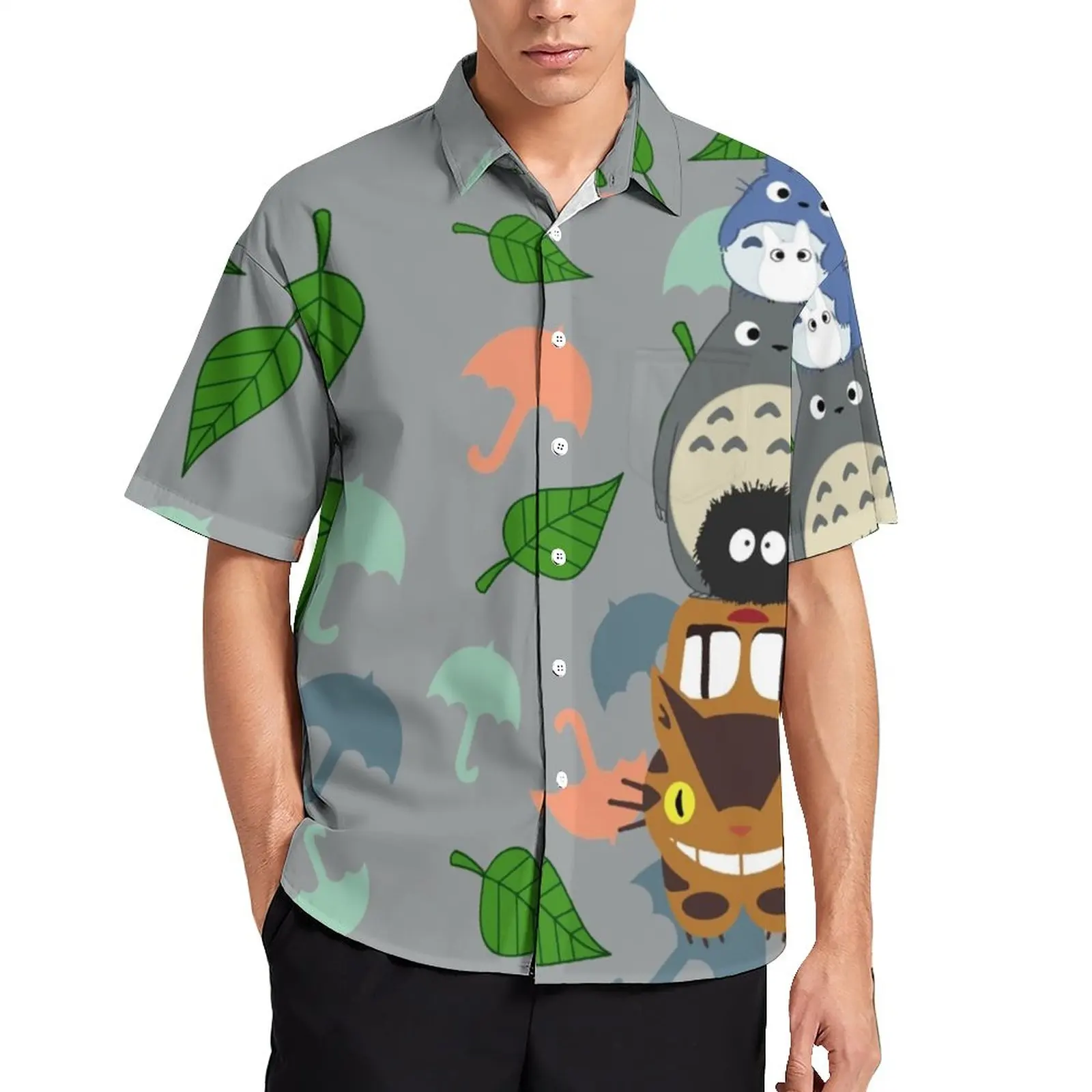 

Totem Totoro Vacation Shirt Umbrella Leaves Print Hawaiian Casual Shirts Trending Blouses Short-Sleeved Graphic Top Plus Size
