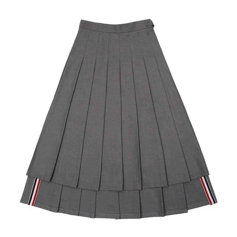 

Harajuku Brand Pleated Skirt Women Preppy Style Split Mid-calf Skirts Lady Empire Falda Gray Blue JK Uniform Jupe Femme