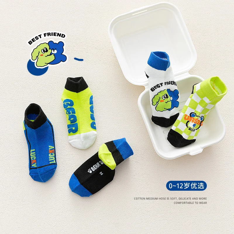 5 pairs of new summer children's socks cartoon cool bear socks in cotton socks combed cotton mesh