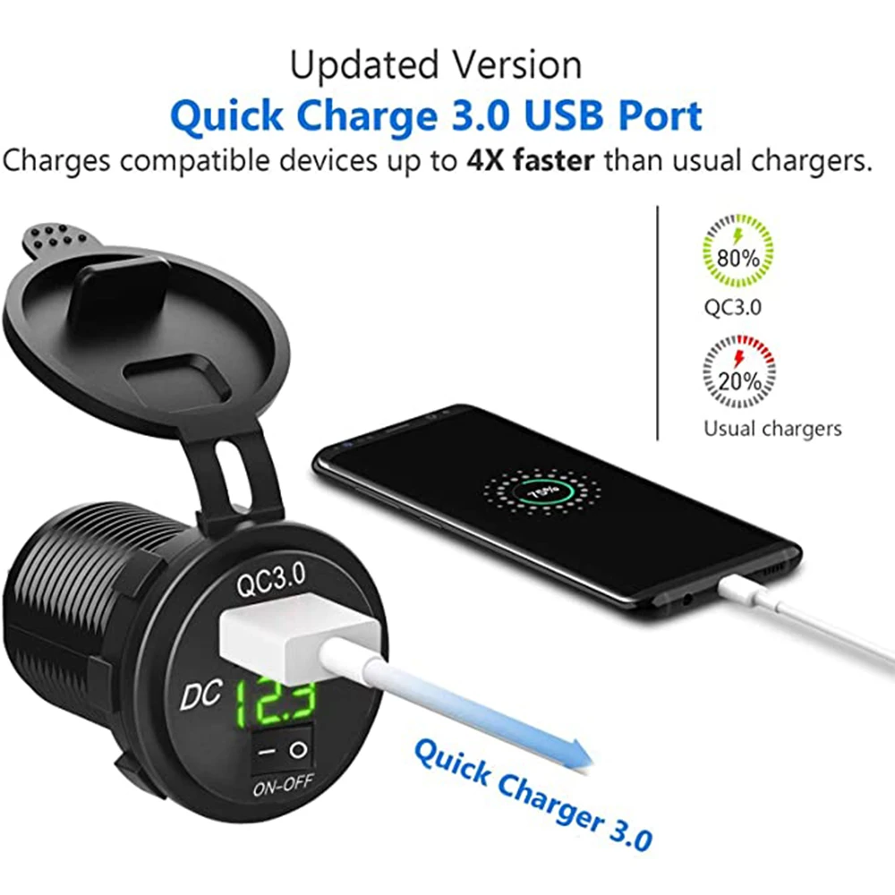 usb car charger quick charge 3 0 12v 24v cigarette lighter usb charger with switch voltage display for motorcycle truck rv free global shipping