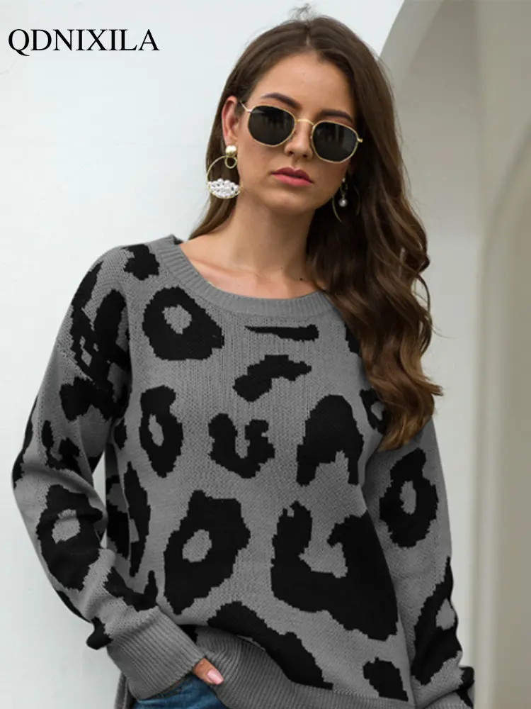 

Женский вязаный пуловер с леопардовым принтом, Свободный Повседневный плотный свитер с длинными рукавами в винтажном стиле, зима 2023