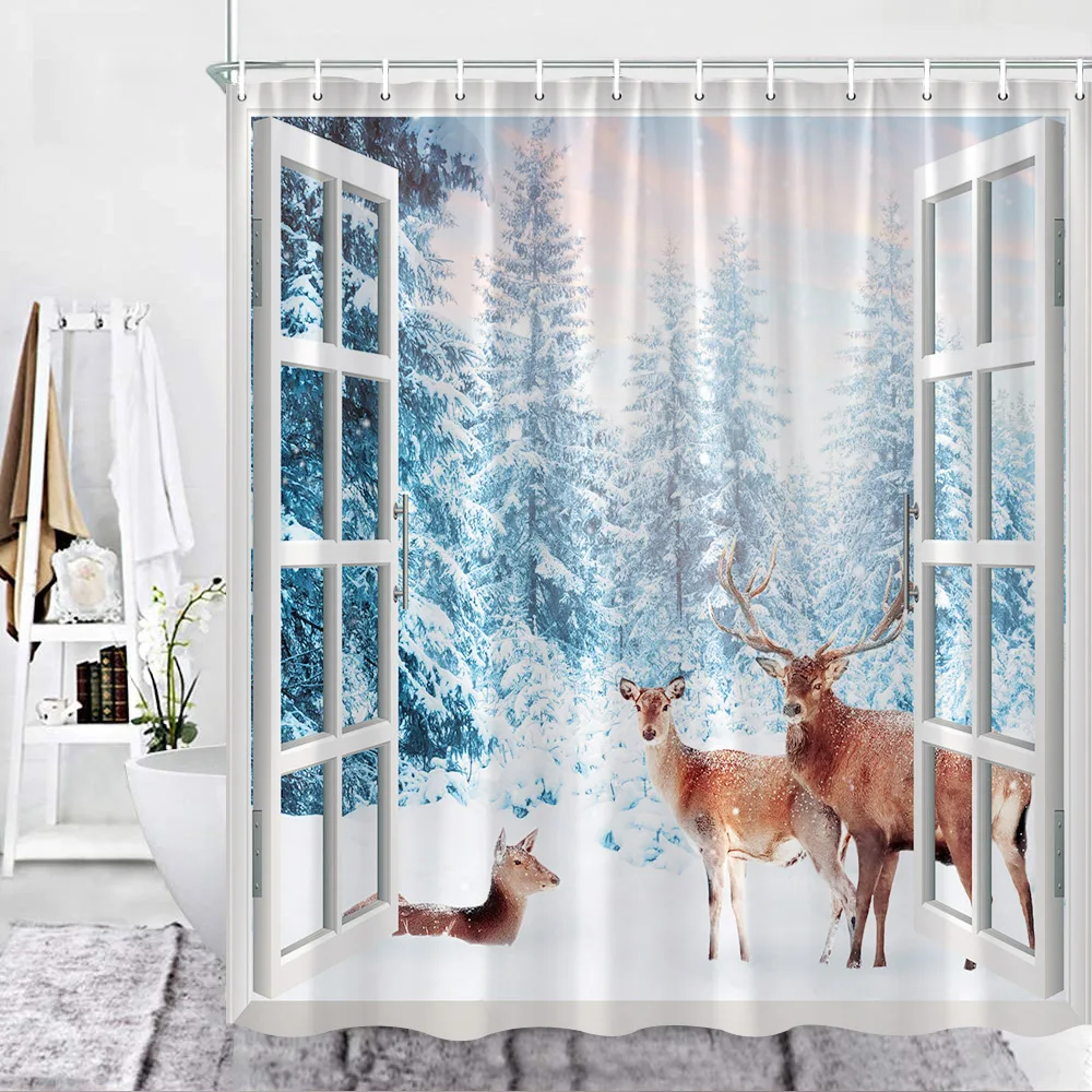 

Занавеска для душа с изображением зимней сцены, занавеска на белое окно, снежный лес, олень, природный ландшафт, шторы для ванной из полиэсте...