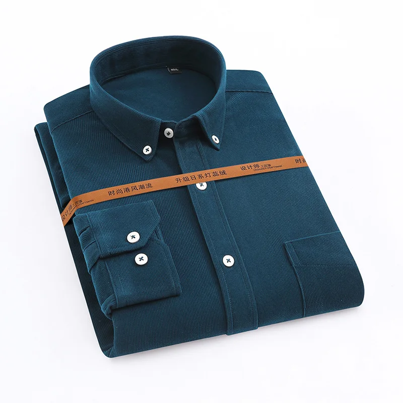 Four Seasons New Men's Long Sleeve Shirts Corduroy Business Casual Fashion Comfortable Shirts Solid Color Slim Retro Stripes