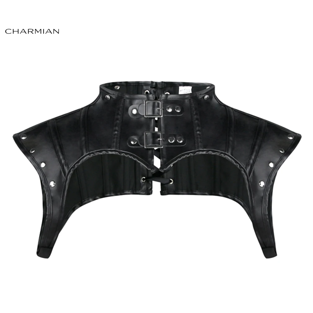 Charmian Women Steampunk Gothic Leather Costume Shoulder Jacket Shrug Armor Black High Neck Rivet Corset Shrug Halloween Costume