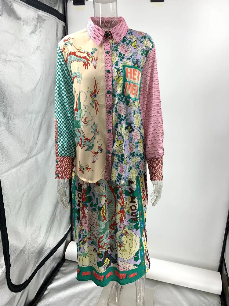 Элегантный Женский Комплект Платья С Принтом Осень 2024 Отложным Воротником