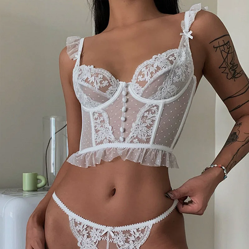 

Lingerie Sexy Women's Underwear Set Push Up Brassiere Lace Transparent Bra Panty Sets Wedding White Thin Underwear Sexy Bra