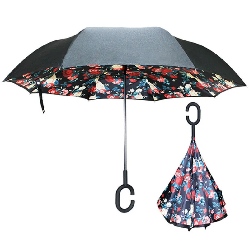 

Colorful Windproof Reverse Folding Umbrella Man Women Sun Rain Car Inverted Umbrellas Double Layer Anti UV Self Stand Parapluie