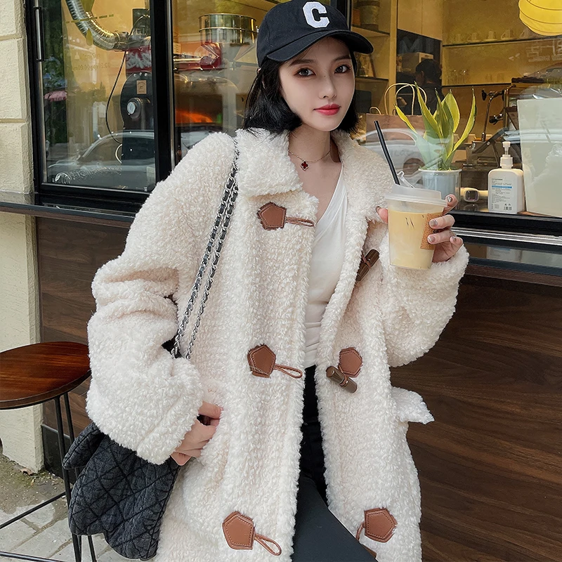 Women Winter Outerwear Thick Ultra Long Fluffy Overcoat Turn-down Collar Three Buttons Full Sleeve Casual LAMBS WOOL Jacket Coat