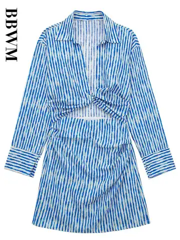Opening Design Dress Women Striped Linen Dress Woman Vintage Long Sleeve Fashion Dresses 2023 Summer Chic Female Mini Dress