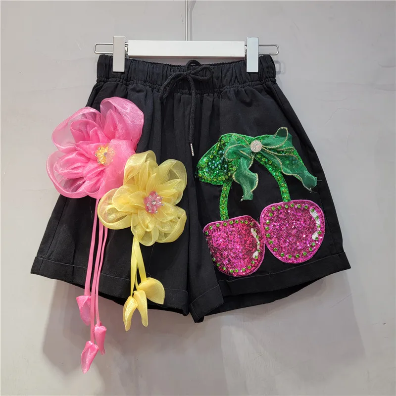 European Style 2023 Spring Summer New Jeans Design Sense Heavy Industry Beads Embroidered Sequins Flower Casual Shorts For Women