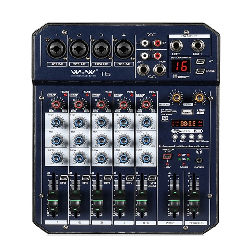 WYW 6 Channel Protable Audio Mixer DJ Console with DSP Effect Sound Card,Bluetooth, USB, for PC Recording and Karaoke