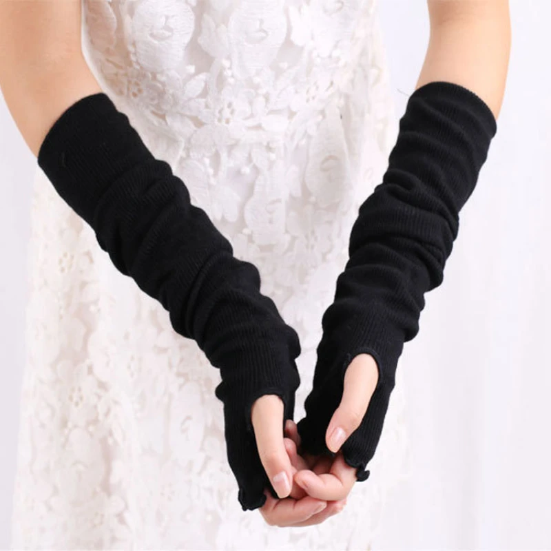 

Long Arm Sleeve Women's Lengthened Half Finger Gloves Oversleeves Fingerless Ruffled Arm Sleeve Winter Knitted Arm Warmer