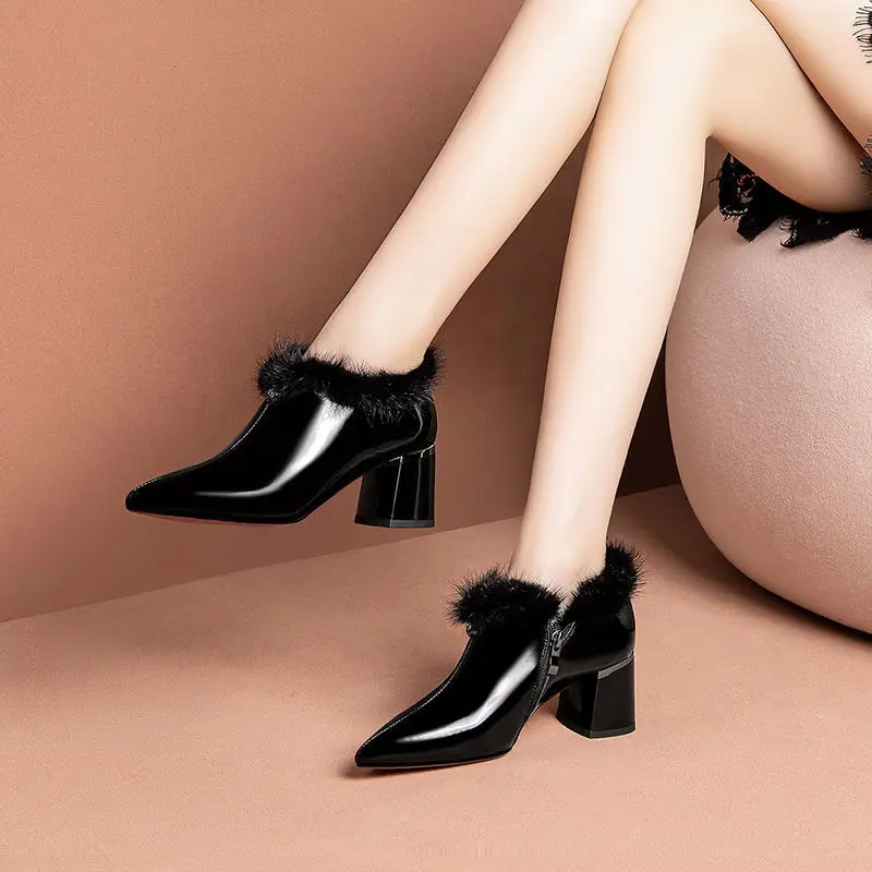 

Fur shoes fashion Mink fur shoes women autumn winter new style pointed leather thick heels deep shoes plus velvet boots
