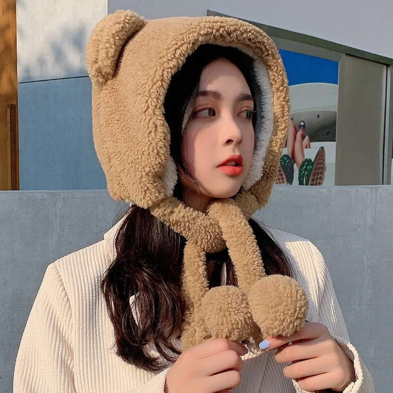 

Winter Cute Bear Ears Warm Hat Women Beanies Windproof Cap Student Women Add Wool Cap Female Bomber Hat Present