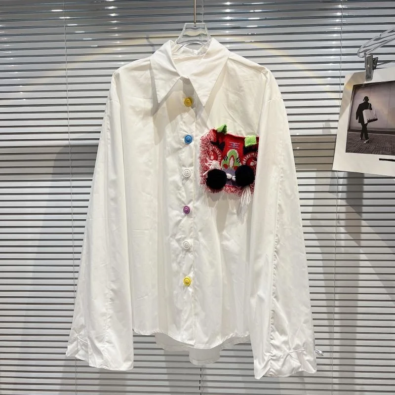 

Tiger Knitted Pocket Color Button Shirt White Spring Women Oversize Blouse