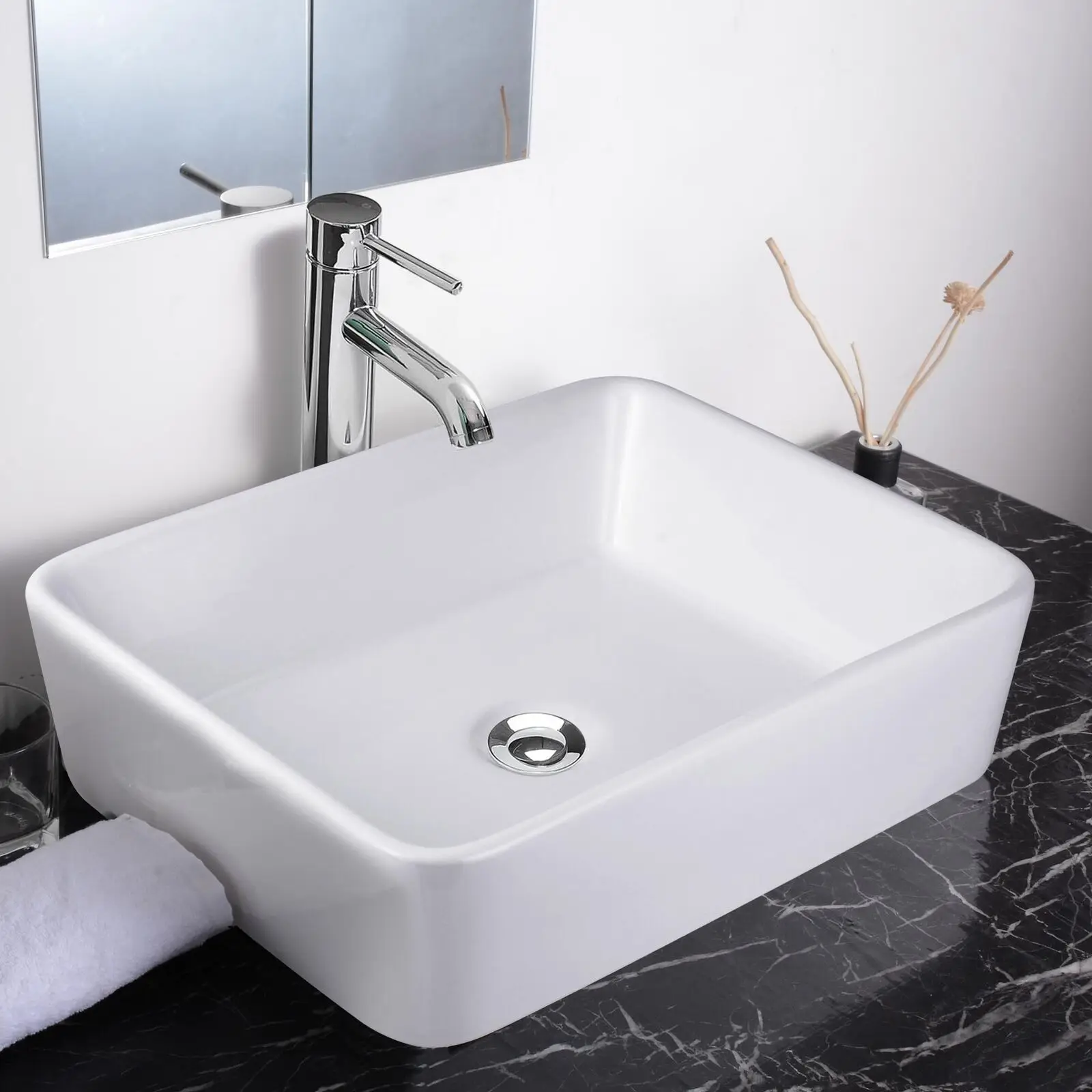 

19 x15 x5 Rectangular White Ceramic Above Counter Basin Porcelain Vessel Sink