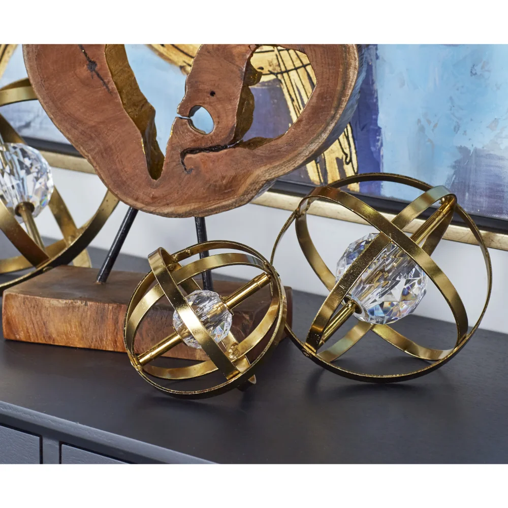 

BOUSSAC Glam Gold Metal Spherical Shaped Orbs with Caged Design Sculpture, Set of 3 8", 6", 4"D Decor