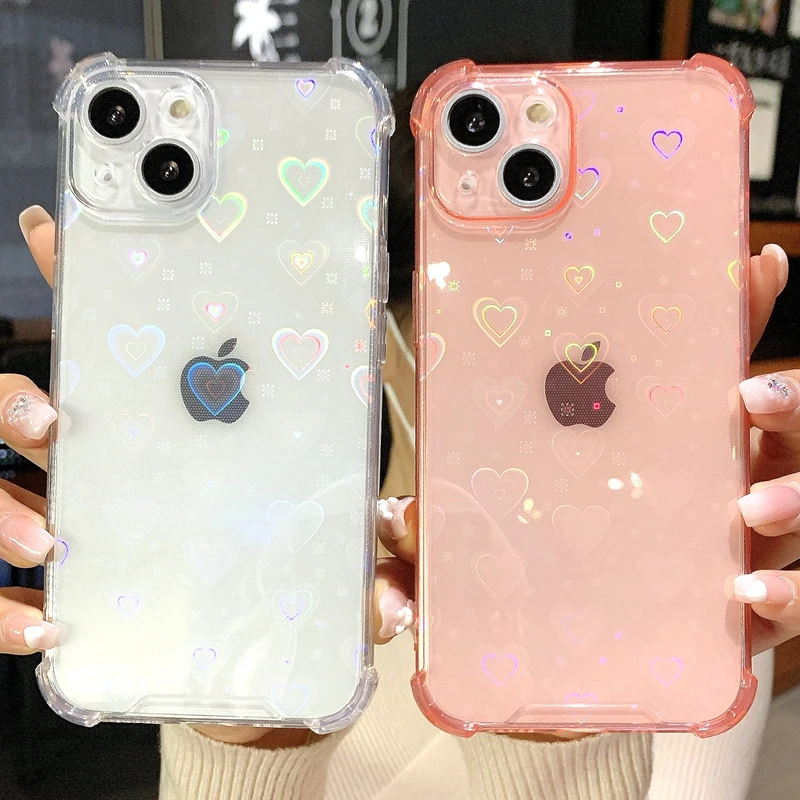 

Soft Love Heart Laser Phone Case For iPhone 11 12 13 Pro Max XS X XR 7 8 Plus SE 2020 Mini Transparent Bumper Back Cover