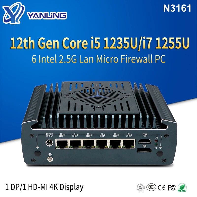 ПК Micro Firewall 12-го поколения Intel core i5 1235U i7 1255U 6x 2.5G LAN NVMe pfSens Мини-ПК с вентилятором