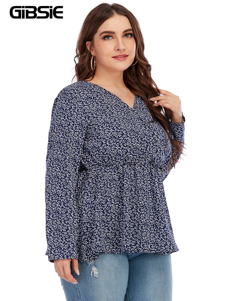 Женская блузка с V-образным вырезом длинным рукавом и баской |