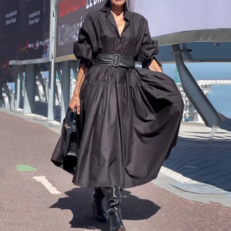 

Ellafads Long Dress Women Autumn Simple Office Solid Lapel Lantern Sleeve Single Breasted Button Loose Shirt Skirt With Belt