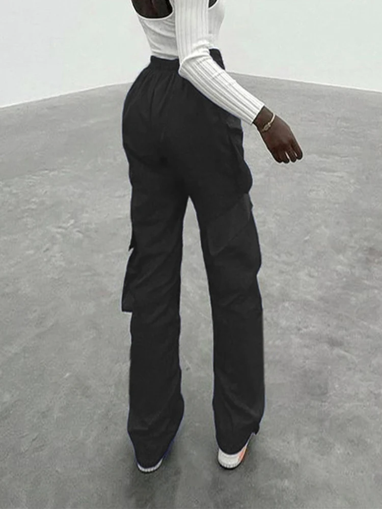 Weekeep Vintage Big Pocket Patchwork Cargo Pants Women Baggy Elastic High Waist Casual Pants Harajuku Capris Streetwear Trousers