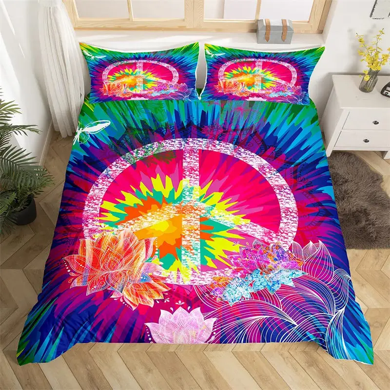 

3D Hippie Peace Symbol Duvet Cover King Queen Full Size for Kids Adults Soft Colorful Flower Pattern Quilt Cover with Pillowcase