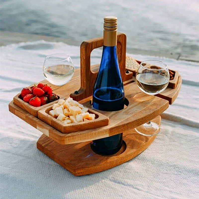 

Portable Wooden Picnic Table Outdoor Picnic Tables Carry Handle Removable Wine Glass Holder Snack Fruit Tray
