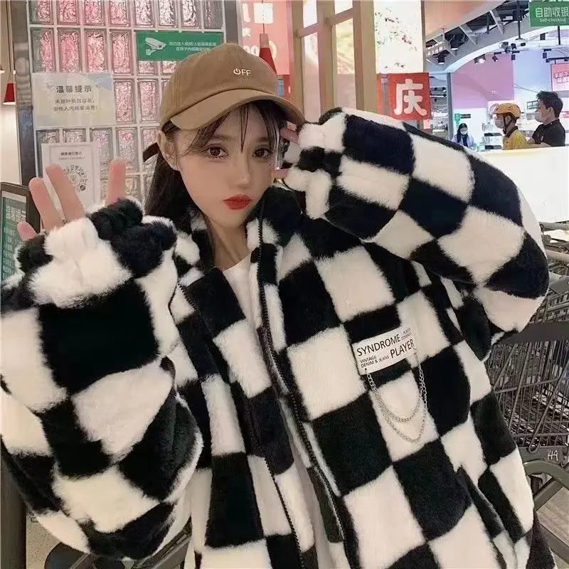 2022 Autumn And Winter New Black And White Checkerboard Warm Imitation Fur Cotton Coat Women Loose Thickening
