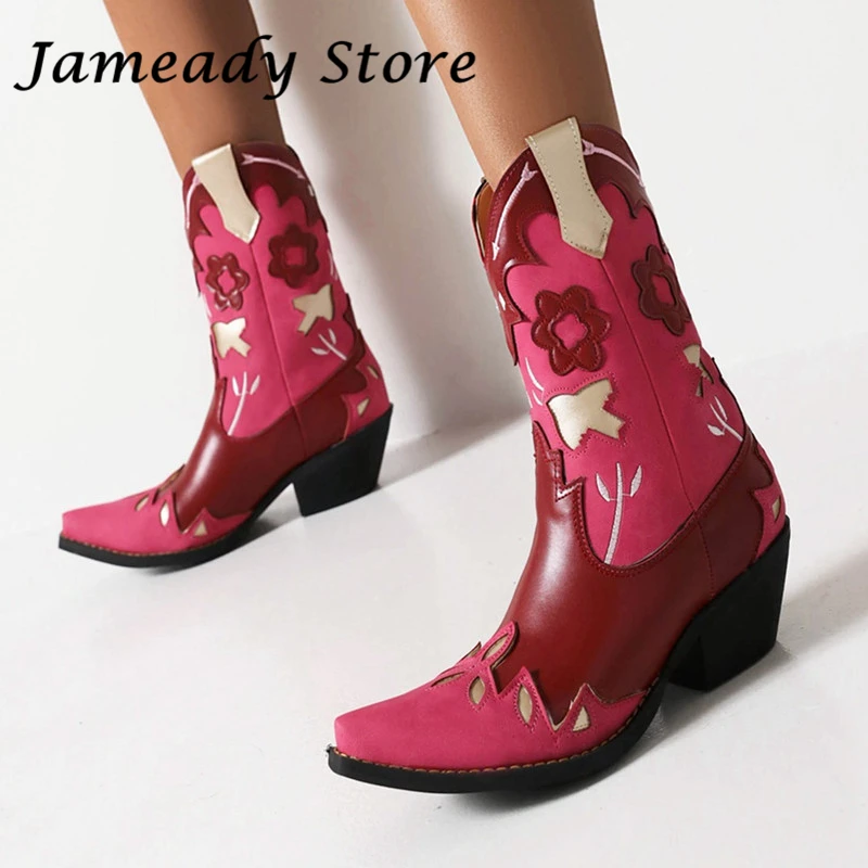 

Женские ковбойские ботинки с вышивкой, полусапожки на высоком массивном каблуке, с острым носком, без застежки, Осень-зима
