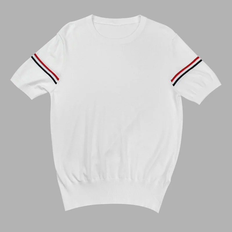 

THOM TB Men's Summer T-shirt Fashion Pure Cotton Slim Tops Jersey Short Sleeve Coloured Stripe Ribbon Knitted Women's t-shirt