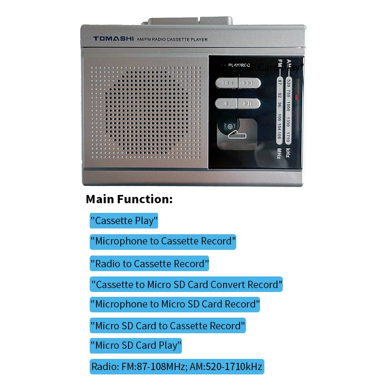 

Walkman Cassette Player Recorder Tape SD Card to mp3 Converter FM AM Radio-Built-in Speaker,Microphone-Learning Language,Music
