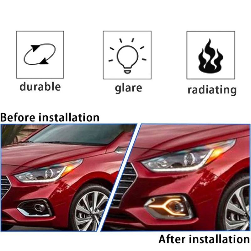 Автомобильный светодиодный светильник дневного хода Car LED DRL для Hyundai Accent Solaris 2017 2018 2019 2020 с желтым указателем поворота и противотуманным светом.