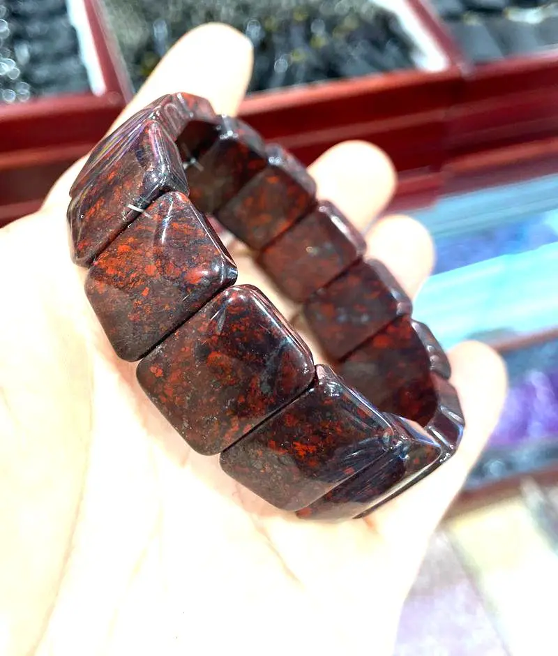 

20*15*6mm Natural Dark Bloodstone Crystal Gem Rectangular Bracelet Healing 7.5“
