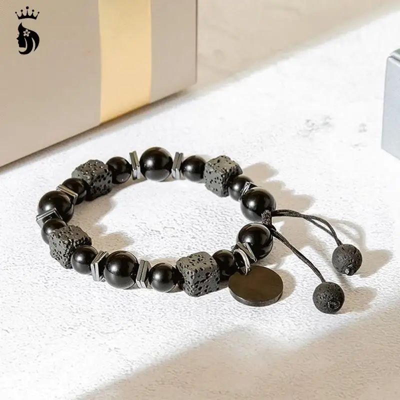 Черный Браслет из лавового квадратного вулканического камня мужской матовый