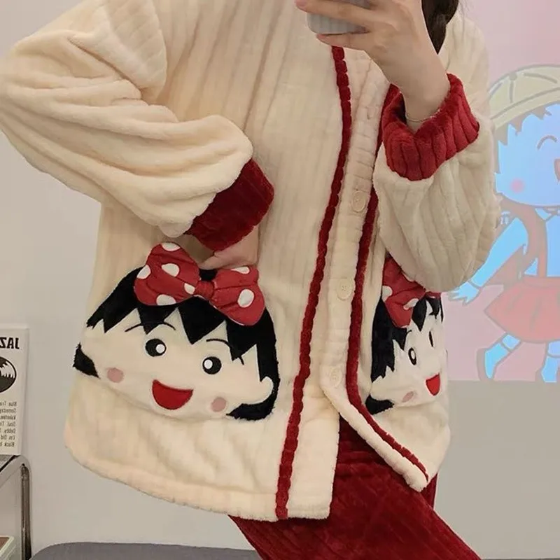 Kawaii Pajama Set Winter Warm Sleepwears for Women Lovely Girl Fleece Pyjama 2 Pieces Home Clothes Cute Nightwear V Neck Female