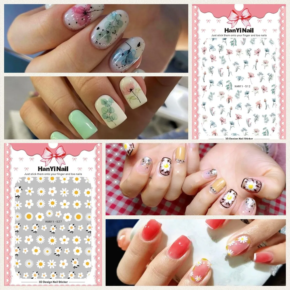 

3pcs/pack Exquisite HANYI 512-527 Nail Stickers Flower Butterfly Bird 3D Nail Enhancement Sticker With Back Glue ForDIY