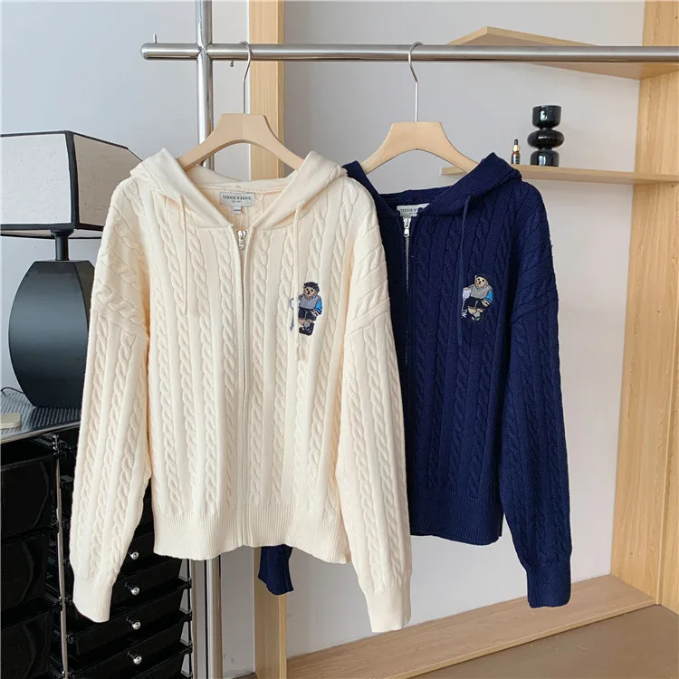 

Beige Color Hoodeed Cardigans Bear Embroidery Y2k Clothes Feminino Traf Кардиган Оверсайз Winter Clothes Women