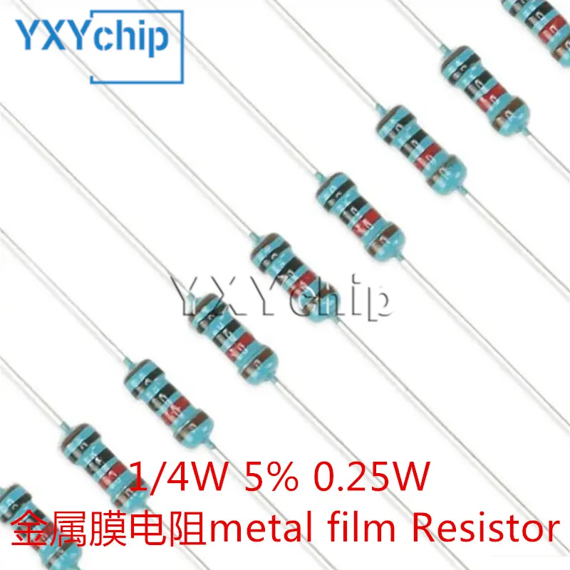 100pcs 1/4W Metal Film Resistor 7.5 8.2 9.1 75 82 91 750 820 910 R Ohm K M 1% Five-color Ring Resistance 7R5 8R2 9R1 75K 91K 82K