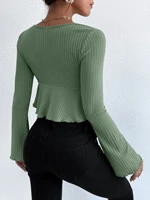 y2k solid flounce sleeve tie front ribbed knit top