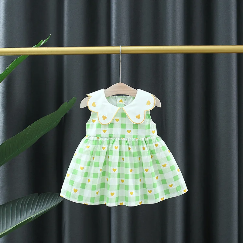 

Летнее платье для маленьких девочек, повседневная одежда для малышей, клетчатое платье принцессы с принтом Love, Детская Милая одежда без рук...