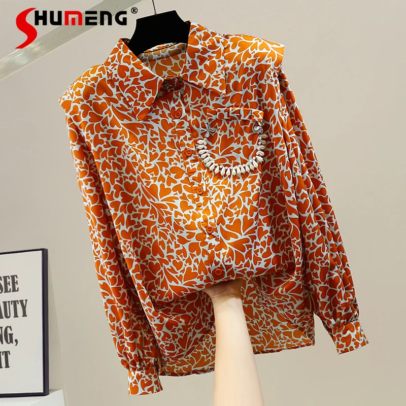 

2022 Spring New Ladies Fashion Beads Diamond-Embedded Padded Shoulder Blusas Women Office Lady Pleated Single-Breasted Shirt Top